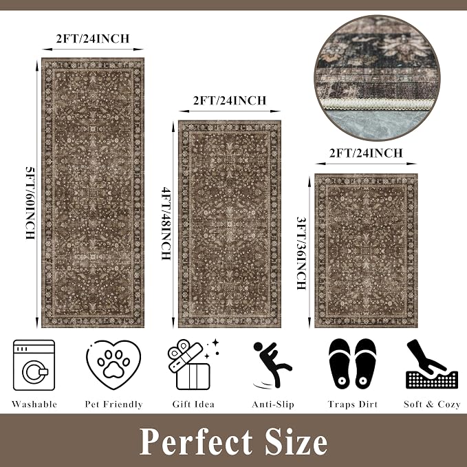 Washable Non-Skid 3 Piece Kitchen Rugs Set – Modern Boho Floral Low-Pile Area - Image 2