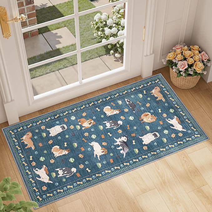 DUKINO 2x4 Runner Rug for Entryway, Animal Dog Print Washable Kitchen Rug by DUKINO