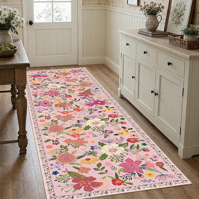 Latte&Fog Pink Washable Hallway Runner Rug 2.6x8, Non Slip Floral Runner Rug - Image 2
