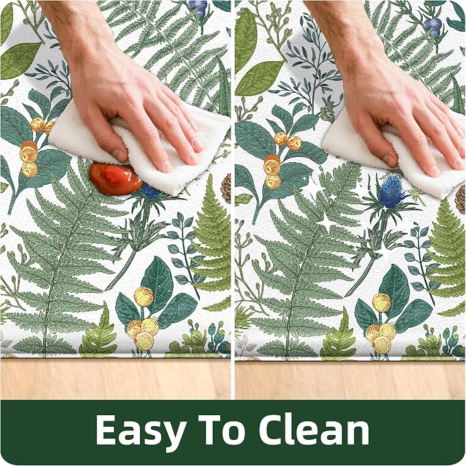 White Green Botanical Kitchen Rugs Set of 2 Plant Leaf Anti-Fatigue Kitchen Mat - Image 6