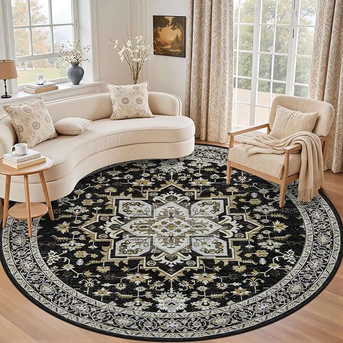 Round Area Rug for Living Room: 8 ft Washable Vintage Boho Soft Thin Circle Rug by EXPEDIX