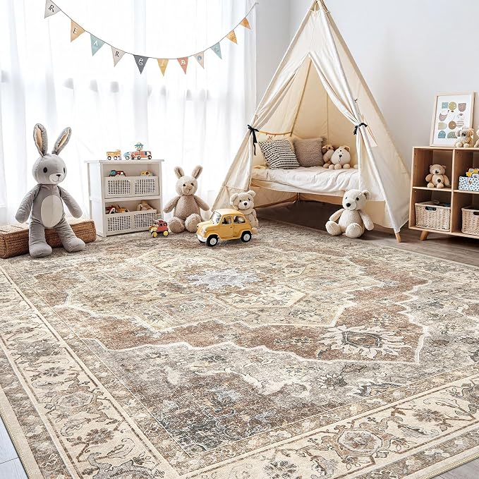 6x9 Washable Area Rug: Vintage Neutral Soft Non Slip Thin Large Floor Carpet - Image 8