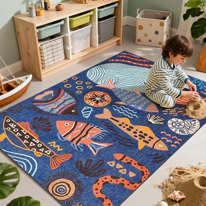 jinchan 5x7 Coastal Area Rug Kids Washable Fun Rug Colorful Ocean Fish Indoor by JINCHAN