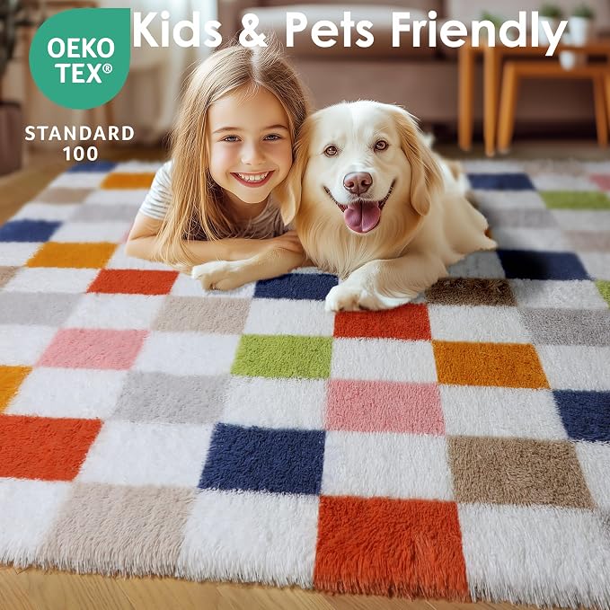 KICMOR Large 6x9 Area Rugs for Living Room, Fluffy Soft Colorful Checkered Shag - Image 8