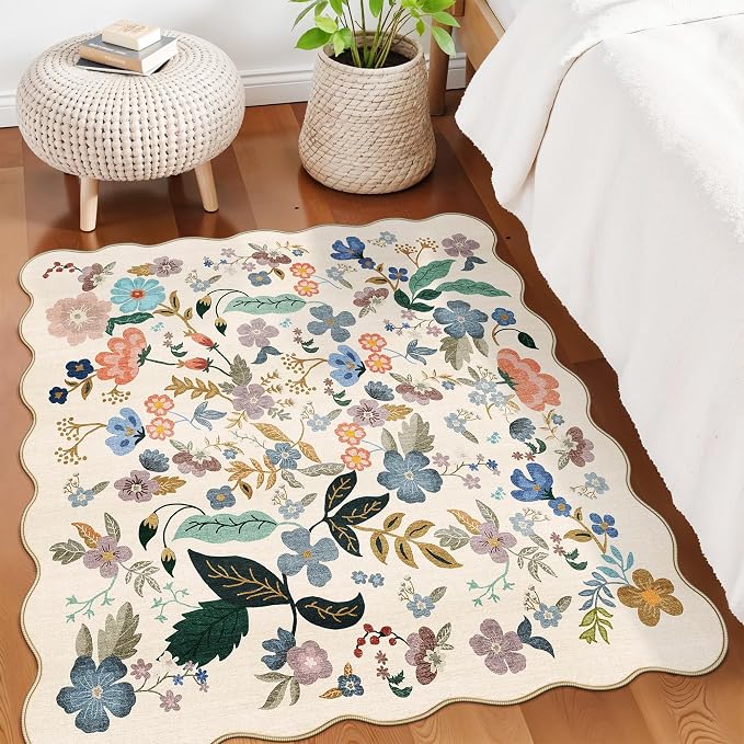Washable 4x4 Square Area Rug: Floral Scalloped Soft Rugs - Image 2