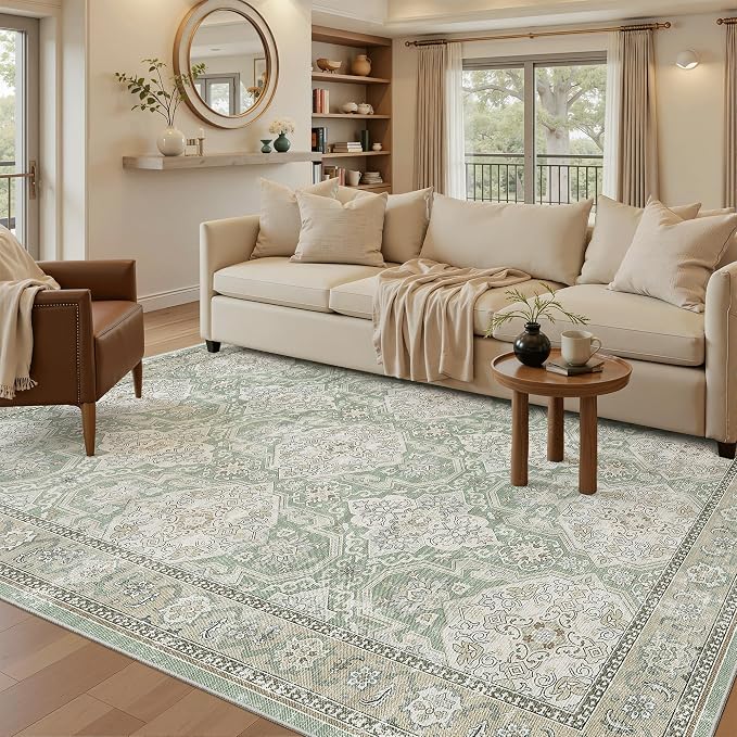 Soalmost 5x7 Area Rugs Green/Brown Low Pile Indoor Washable Trendy Faded Style - Image 2
