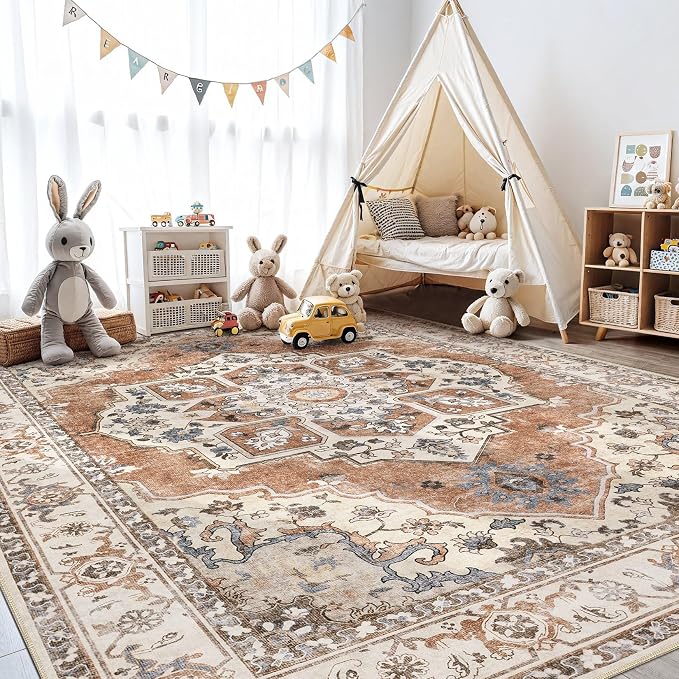 10x12 Washable Area Rug: Vintage Neutral Soft Non Slip Thin Large Floor Carpet - Image 8