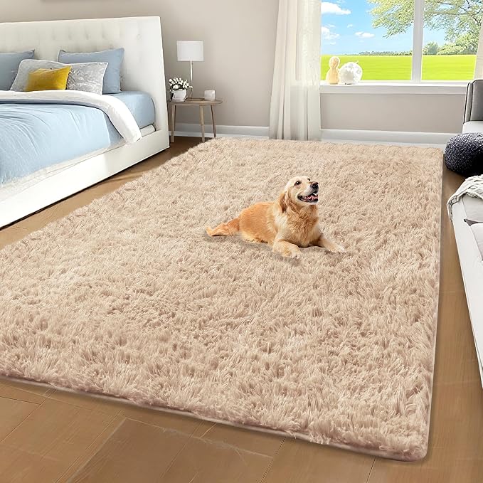 Beige Shag Area Rug for Bedroom, 4x6 Fluffy Shaggy Rugs for Living Room Boys by Unknown
