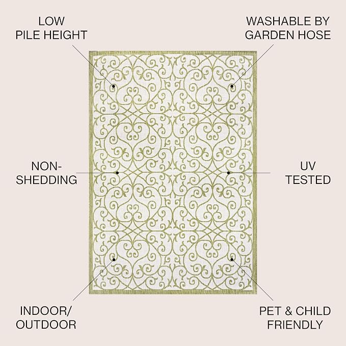 JONATHAN Y Vintage Filigree Indoor Outdoor Area Rug 9X12 Green/Cream, Madrid - Image 3