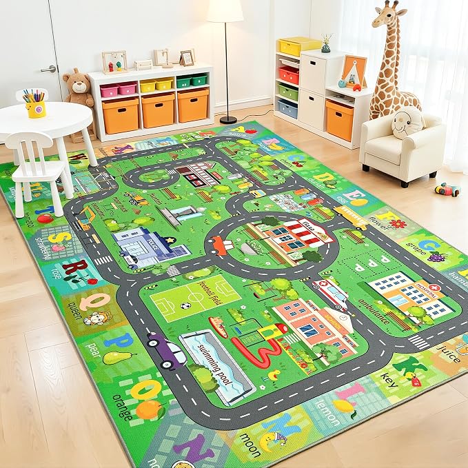 Chicrug 4x6 Car Road Area Rug for Kids Playroom Bedroom, Non Slip Low Pile - Image 2