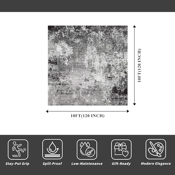 10x10 ft Square Living Room Rug – Washable Modern Abstract Area Rug - Image 2