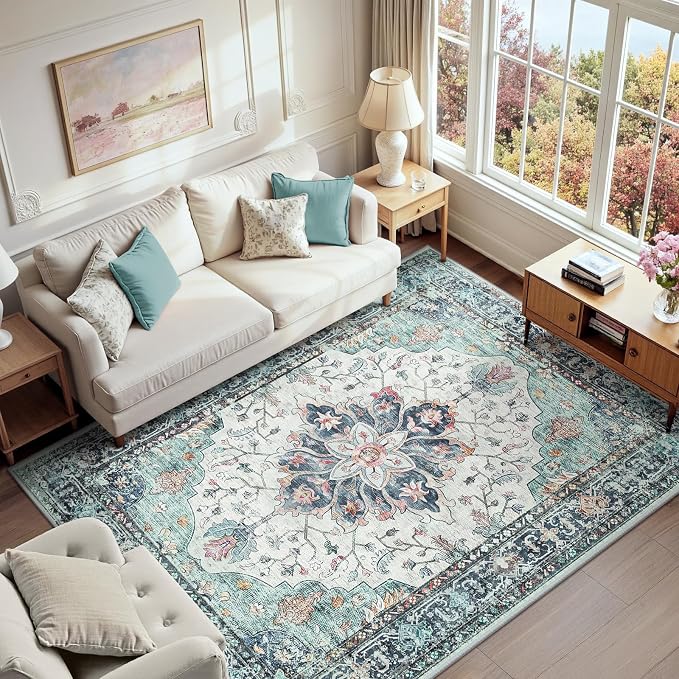 RELEANY Area Rugs 6'x9' Washable Non-Slip, Floral Vintage Distress Medallion by RELEANY
