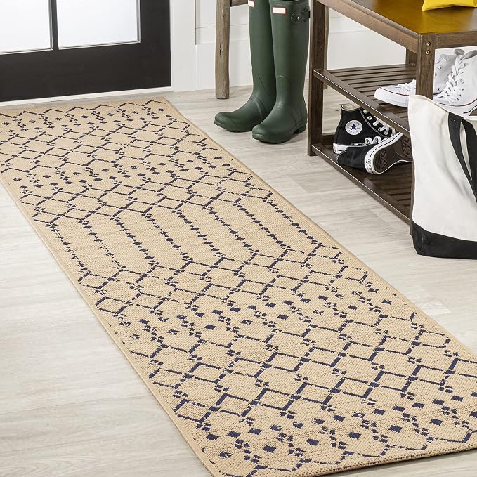 JONATHAN Y Moroccan Geometric Indoor Outdoor Runner Rug 2X10 Beige/Navy by JONATHANY