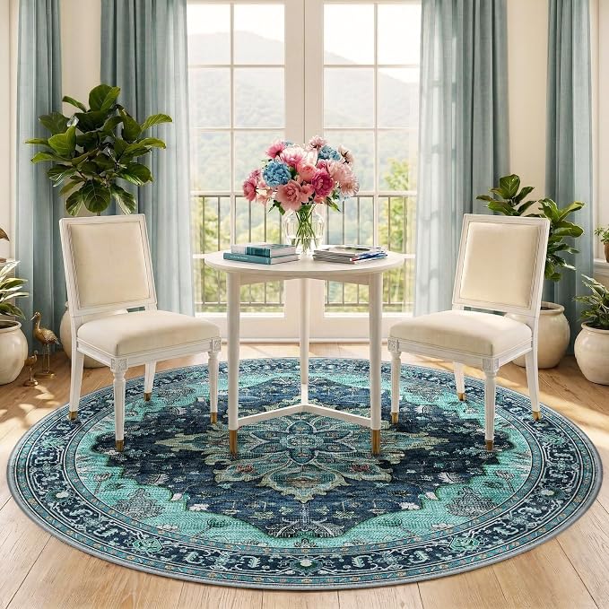RELEANY Area Rugs Round 5ft Washable Non-Slip, Floral Vintage Distress - Image 2