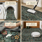 Floral 4x6 Boho Rugs for Living Room, Dark Green Washable Kitchen Floor Mats - Image 4