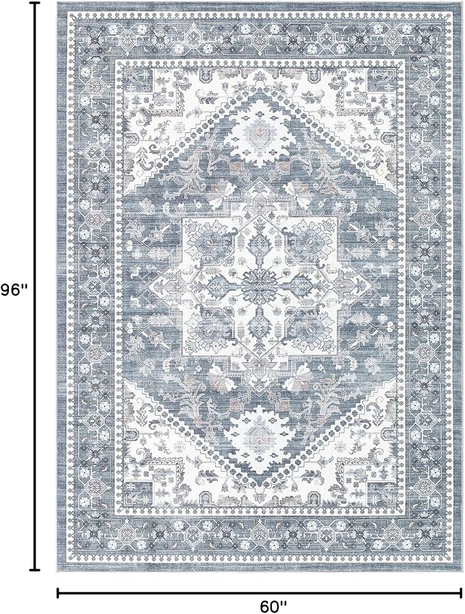5x8 Vintage Area Rug: Washable Neutral Soft Non Slip Thin Large Floor Carpet - Image 2