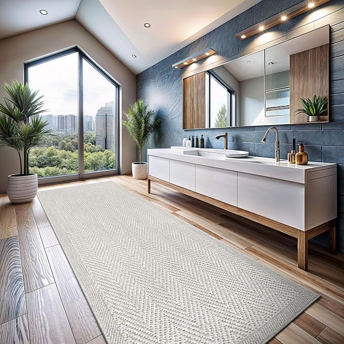 CAMILSON Indoor and Outdoor Runner Rug Off-White Herringbone Seagrass Boho - Image 9