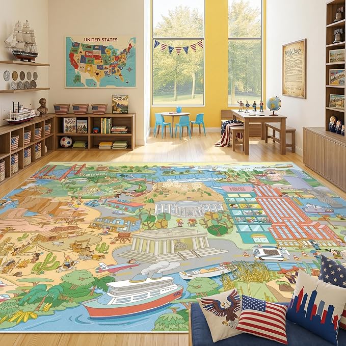 Patriotic Large 8x10 Kids Playroom Rug – North America Geography Carpet by HazoHaus