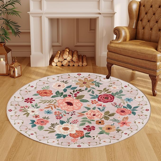 DUKINO Floral Round Rug, 4ft Washable Round Area Rug, Non Slip Indoor Low Pile - Image 4