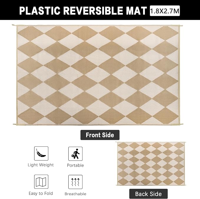 Outdoor Plastic Checkered Rug Waterproof Patio 6x9 Beige Brown Diamond Geometry - Image 2