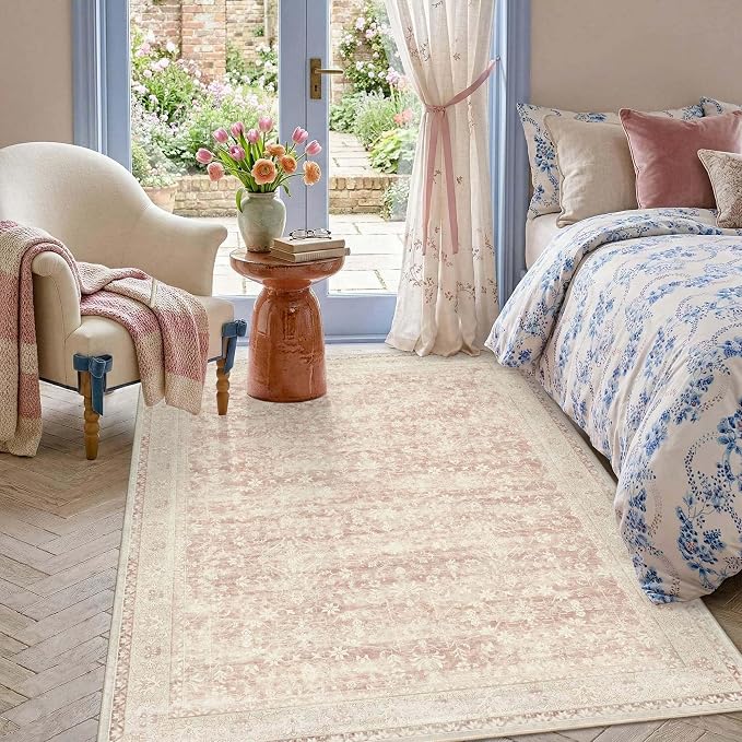 Latte&Fog Pink Rugs for Girls Bedroom, Vintage Washable 4x6 Area Rug for Living - Image 5