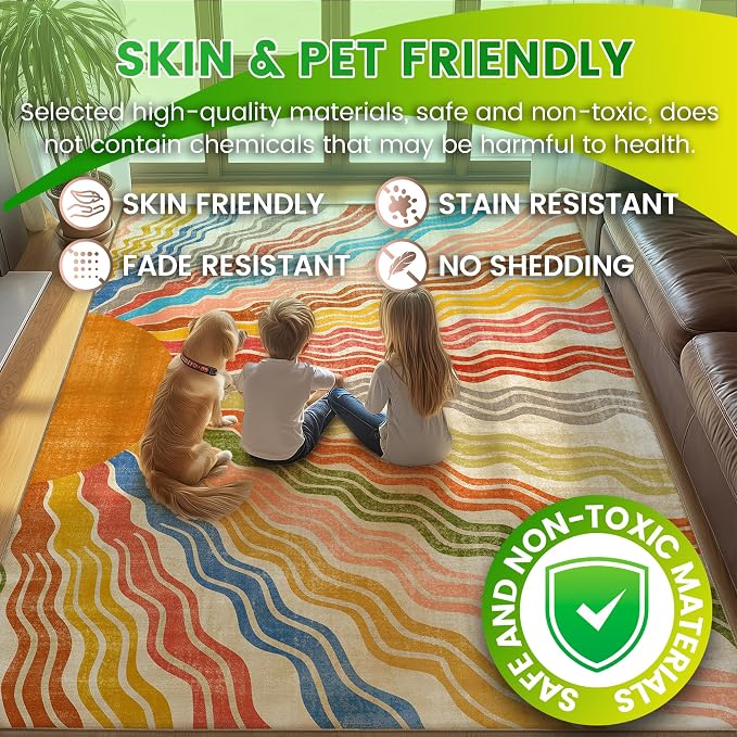 Washable 9x12 Sun Area Rug for Living Room, Rainbow Sun Modern Retro Large Area - Image 5