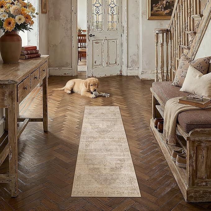 2x5 Washable Neutral Runner Rug Beige Vintage Hallway Kitchen Carpet Non-Slip - Image 3