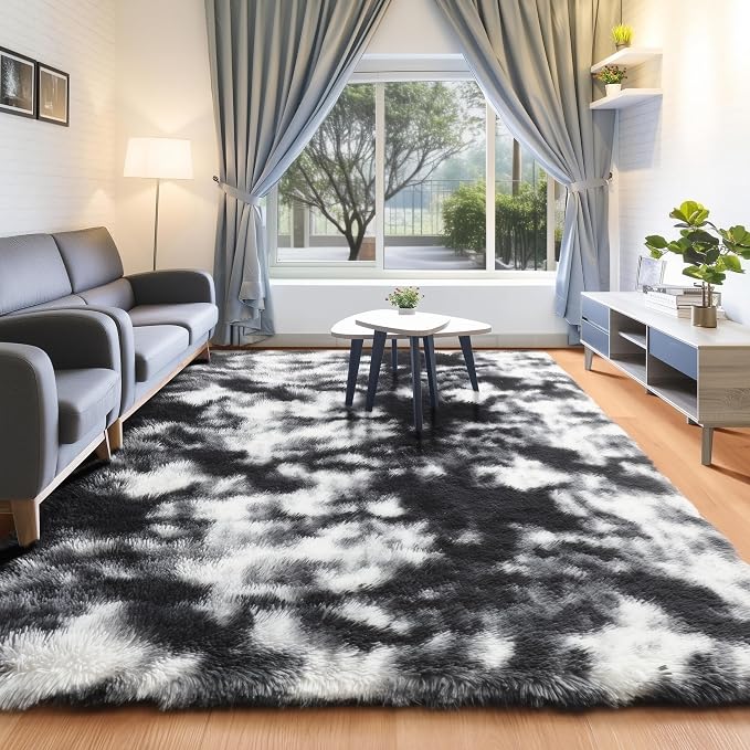 ONASAR Black and White Rugs for Bedroom Living Room, Fluffy 4x6 Indoor Bedside by ONASAR