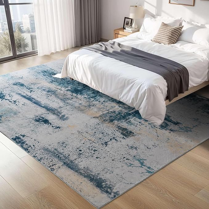 Living Room Rug 7x10 Aqua Blue Area Rugs Machine Washable Abstract Boho Large - Image 2
