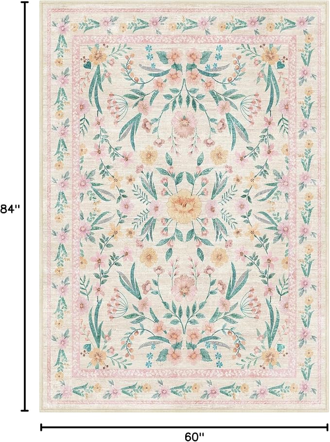 5x7 Pink Floral Nursery Rug, Machine Washable Non Slip Soft Faux Wool Carpet - Image 2