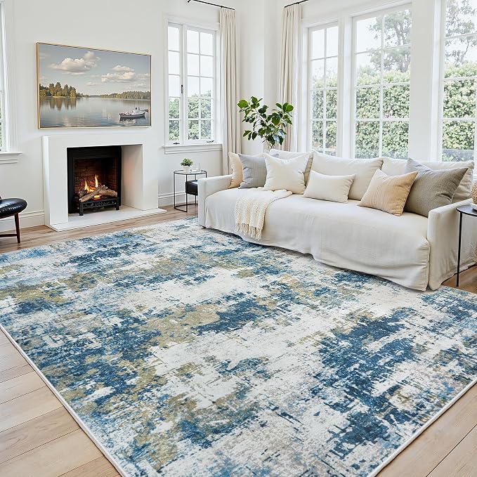 Area Rug 6x9 Living Room Rug Washable: No-Slip Abstract Soft Thin Large Blue by Oriannal