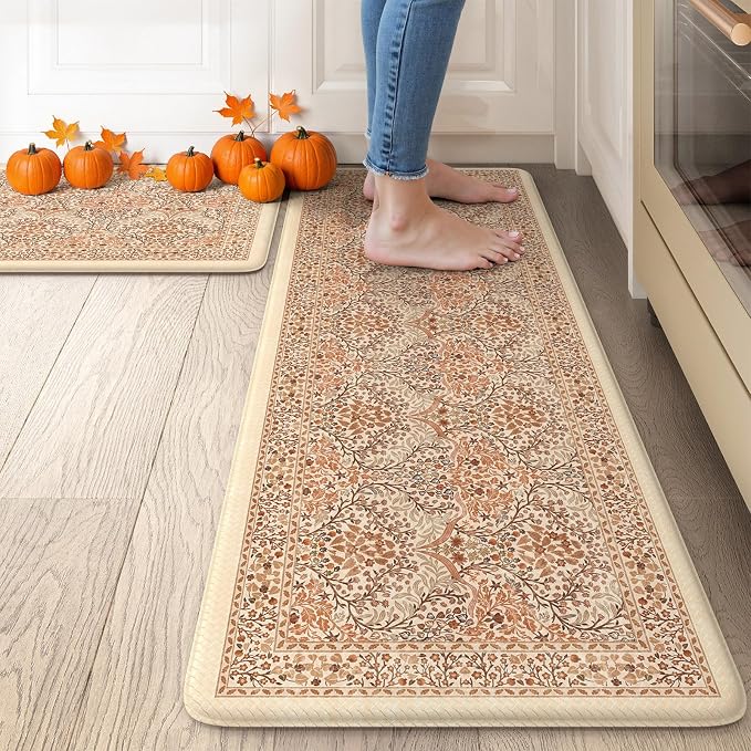 Collive Kitchen Mats Cushioned Anti Fatigue, Fall Vintage Floral Kitchen Rug by Collive