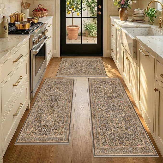 JTJ Brown Washable Kitchen Rugs Sets of 3, Non-Slip Low Pile Floor Mats by JTJ