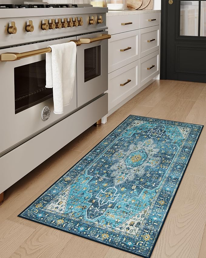Moynesa 2x4 Teal Vintage Floral Medallion Runner Rug - Image 2