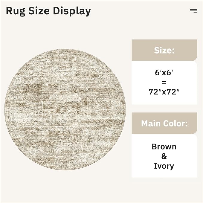 Soalmost 6x6 Brown Round Rug 6ft Living Room Circle Rug Vintage Round Area Rug - Image 5