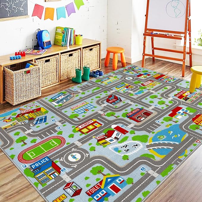 Capslpad Sky Blue Car Road Kid Rug Carpet Playmat by CapslpadDirect