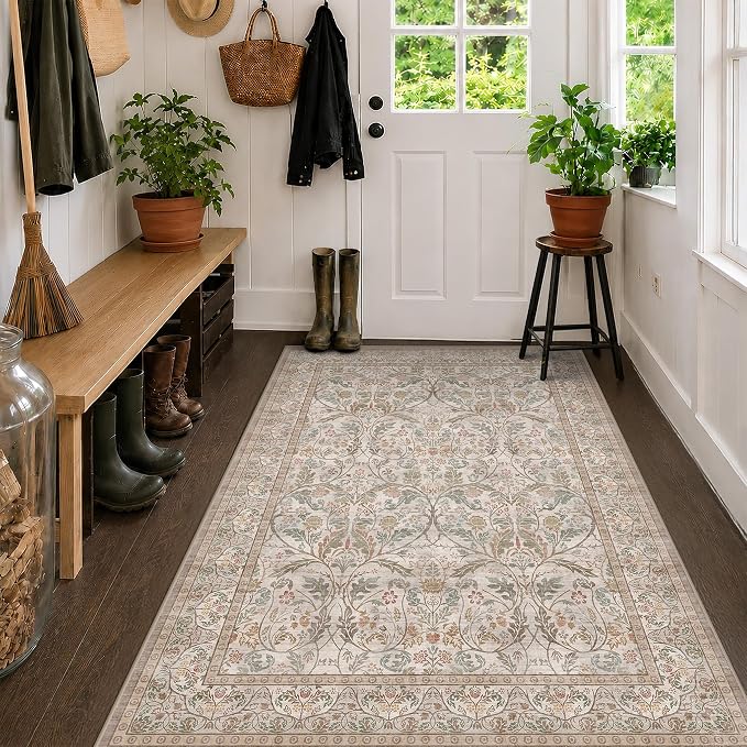 Moss Green 4x6 Washable Entryway Rug, Vintage Boho Farmhouse Small Area Rugs by Evyhood