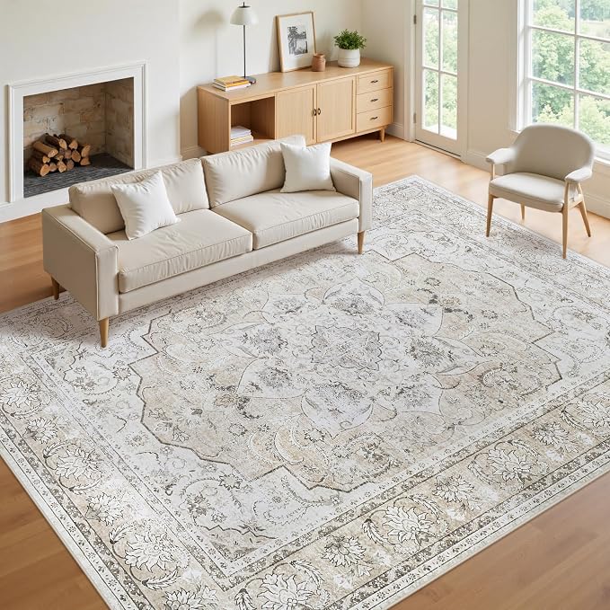 8x10 Area Rugs for Living Room:Beige Washable Vintage Medallion Carpet Non-Slip by Unknown