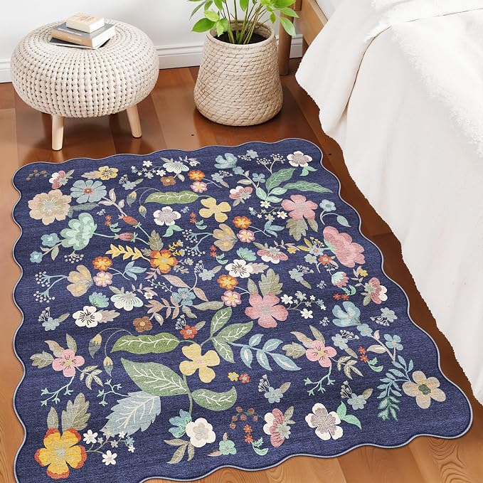 Floral Square Area Rug for Family: Washable 5x5 Scalloped Carpet for Living - Image 2