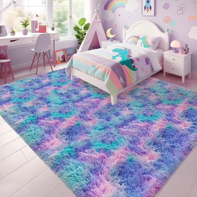 Purple Rainbow Fluffy Soft Area Rug 8x10 ft Plush Furry Rugs - Image 3