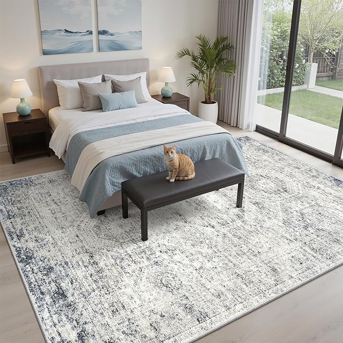 Soalmost 5x7 Area Rugs Blue Ivory Low Pile Indoor Washable Trendy Faded Style - Image 3
