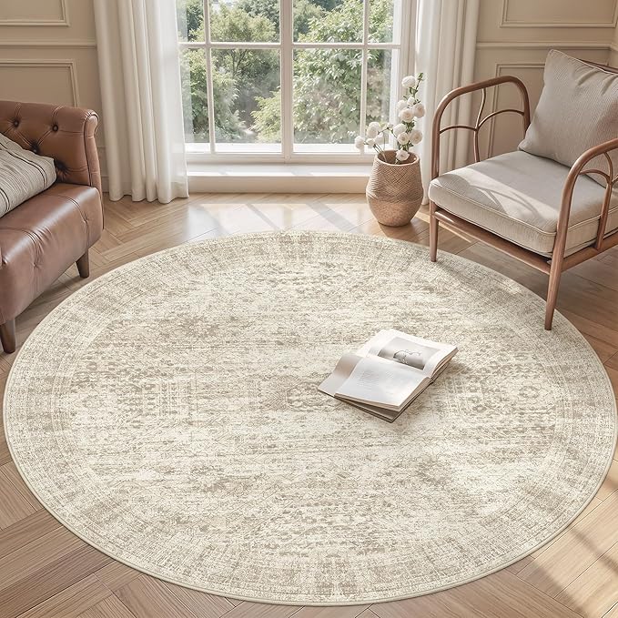 Soalmost 6x6 Beige Round Rug 6ft Living Room Circle Rug Vintage Round Area Rug - Image 2