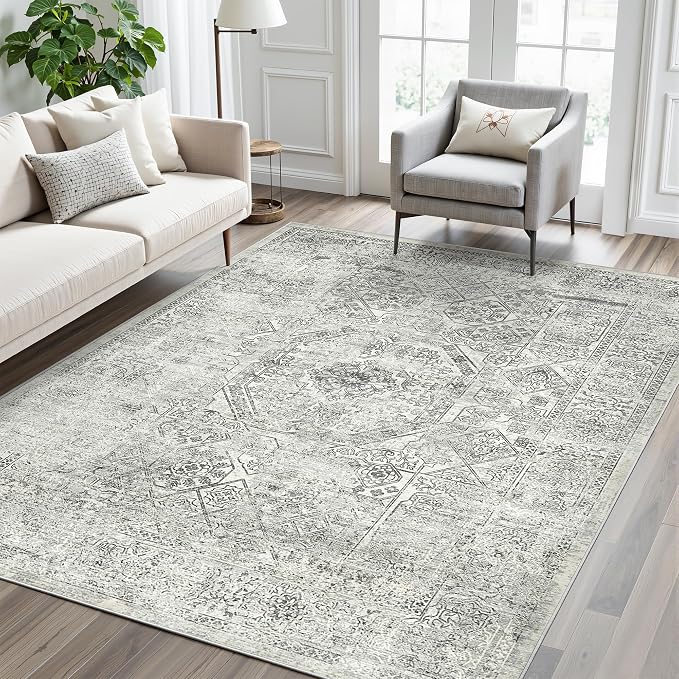 Soalmost 6x9 Area Rug for Living Room Floral Washable Non-Slip Gray Rugs for - Image 9