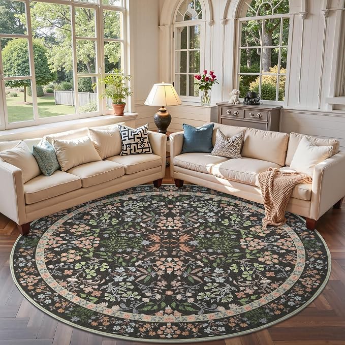 jinchan Zenith Round Rug 7ft Area Rug Soft 7'Round Vintage Floral Rug Non-Slip by JINCHAN