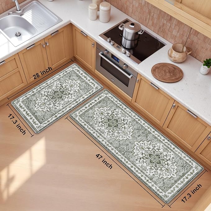 Boho Kitchen Mats for Floor 2 Piece Set Anti Fatigue Cushioned PVC Kitchen Rugs - Image 2
