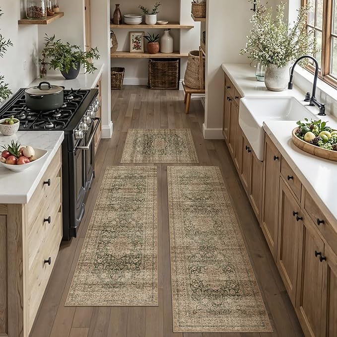 Vintage Kitchen Rug Set of 3 Washable Green Brown Kitchen Mats by WondRg