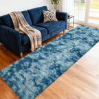 2x8 ft Plush High Pile Blue Tie-Dyed Rug Fluffy Soft Runner Bedside Rug by TENNOLA