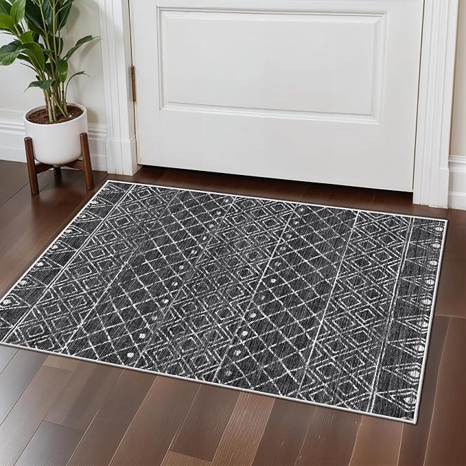 Black Moroccan 2x3 Entryway Small Area Rug | Machine Washable Low Pile Thin Non - Image 4