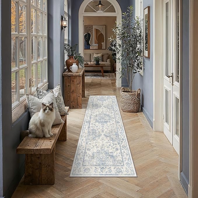 Neutral Kitchen Rug Set of 3 Washable Blue Vintage Kitchen Mats - Image 2