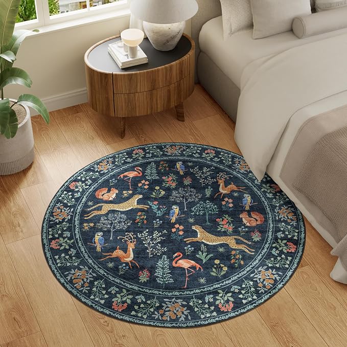 DUKINO 4ft Round Rug, Washable Round Area Rug, Non Slip Indoor Low Pile Animal - Image 3